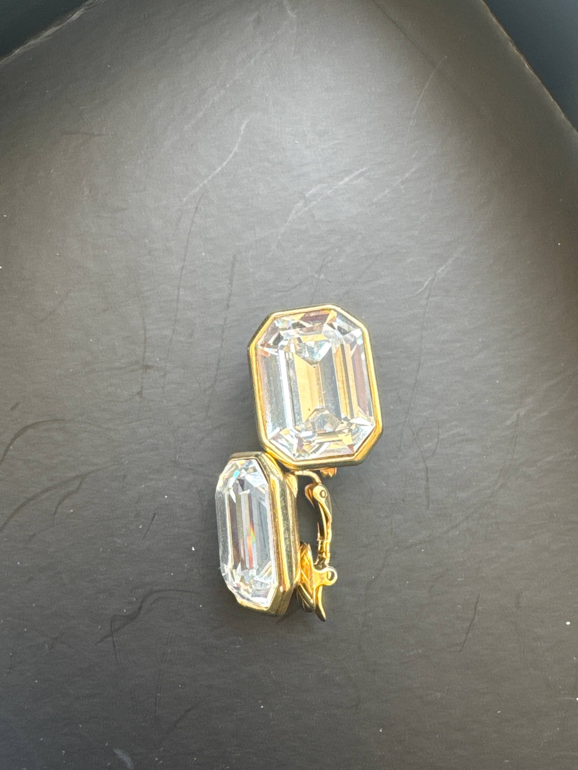 Vintage 復古風金色方形水晶夾式耳環 單件